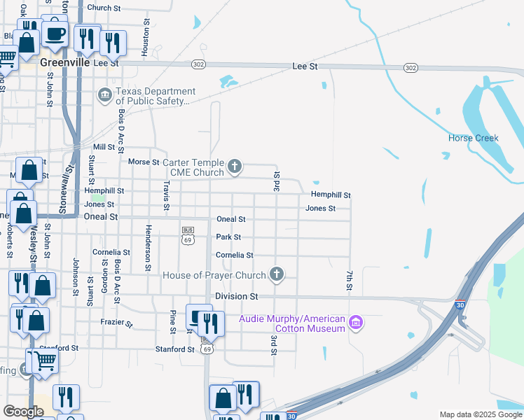 map of restaurants, bars, coffee shops, grocery stores, and more near 1221 Jones Street in Greenville
