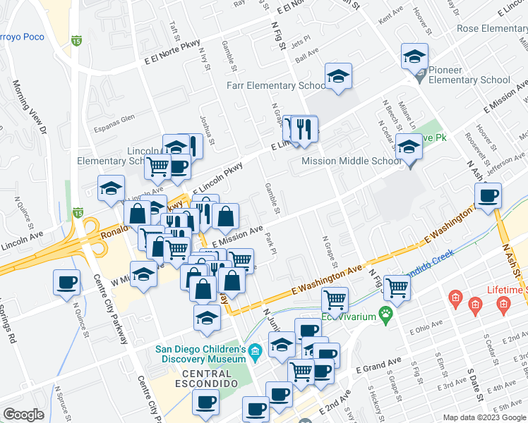 map of restaurants, bars, coffee shops, grocery stores, and more near 404 East Mission Avenue in Escondido