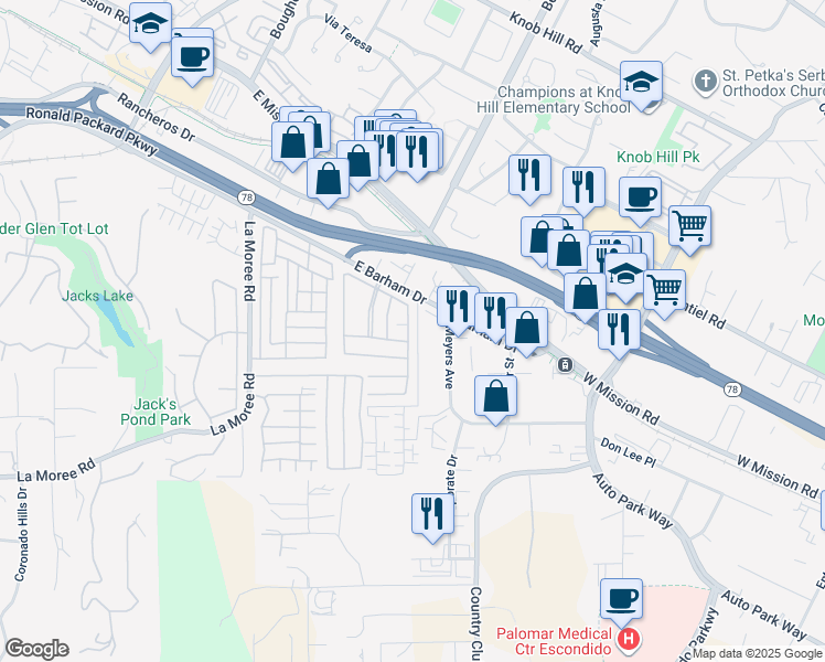 map of restaurants, bars, coffee shops, grocery stores, and more near 1219 East Barham Drive in San Marcos