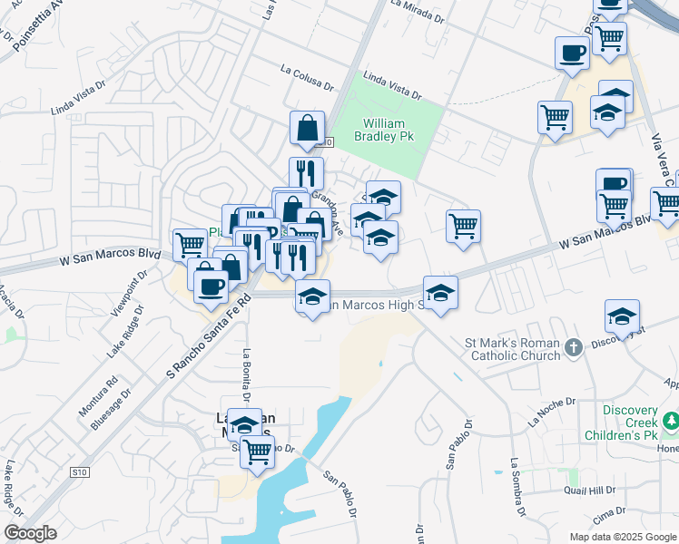 map of restaurants, bars, coffee shops, grocery stores, and more near 1590 West San Marcos Boulevard in San Marcos