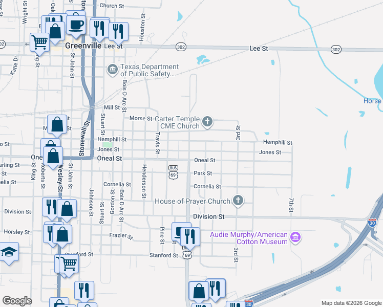 map of restaurants, bars, coffee shops, grocery stores, and more near 1402 Oneal Street in Greenville