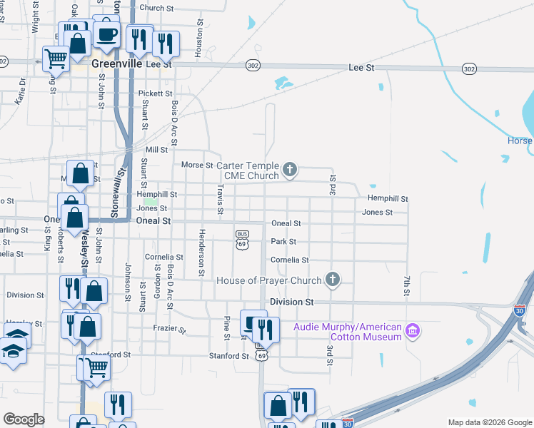map of restaurants, bars, coffee shops, grocery stores, and more near 1402 Oneal Street in Greenville
