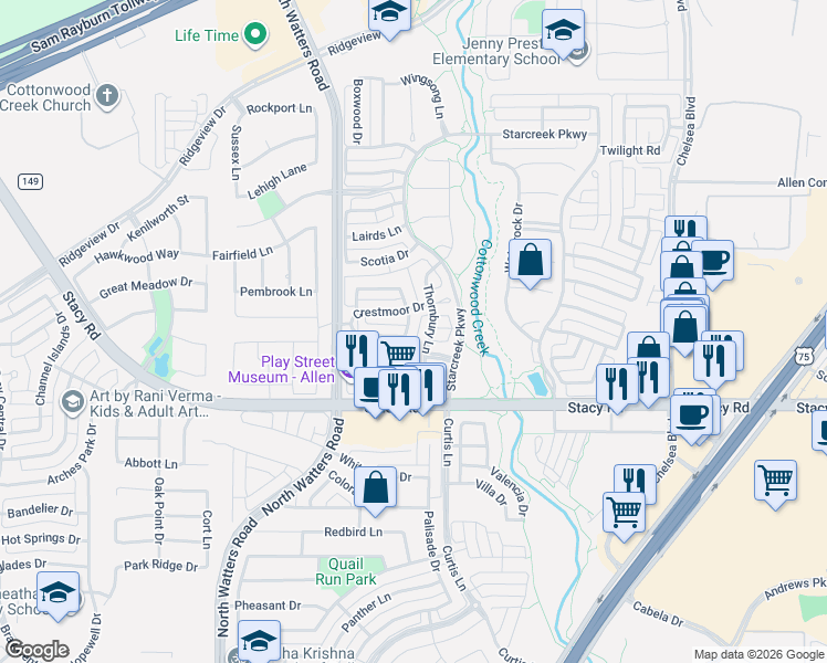map of restaurants, bars, coffee shops, grocery stores, and more near 2124 Chambers Drive in Allen