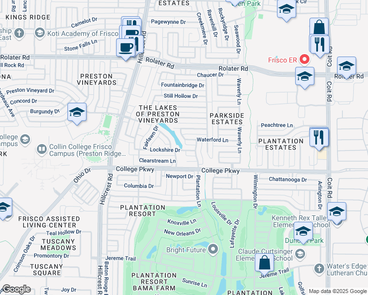 map of restaurants, bars, coffee shops, grocery stores, and more near 11379 Lockshire Drive in Frisco
