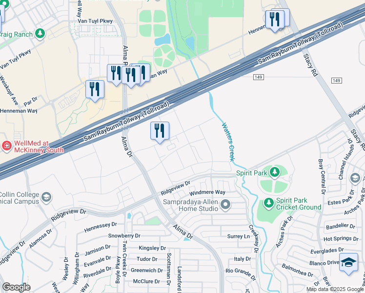 map of restaurants, bars, coffee shops, grocery stores, and more near 1300-1408 Ridgeview Drive in Allen