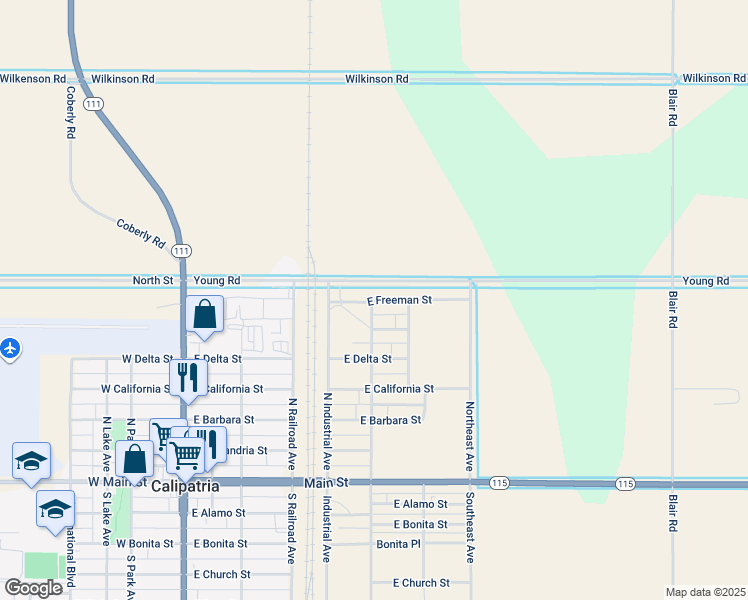 map of restaurants, bars, coffee shops, grocery stores, and more near East Freeman Street in Calipatria