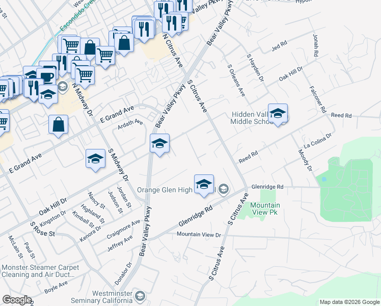 map of restaurants, bars, coffee shops, grocery stores, and more near 619 Momar Lane in Escondido