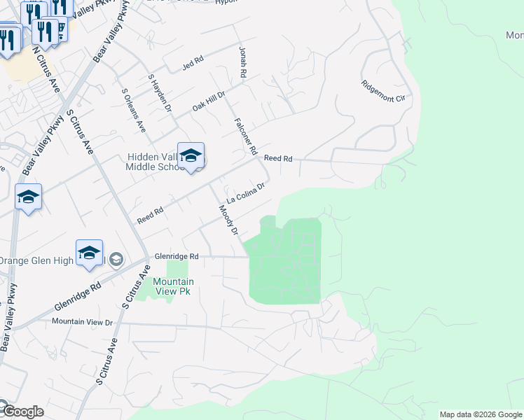 map of restaurants, bars, coffee shops, grocery stores, and more near 2735 Crownpoint Place in Escondido