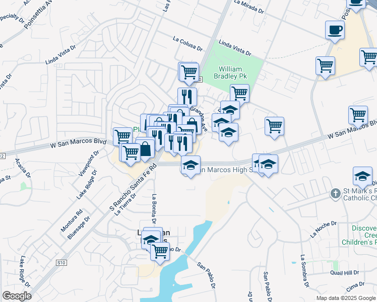 map of restaurants, bars, coffee shops, grocery stores, and more near 663 South Rancho Santa Fe Road in San Marcos
