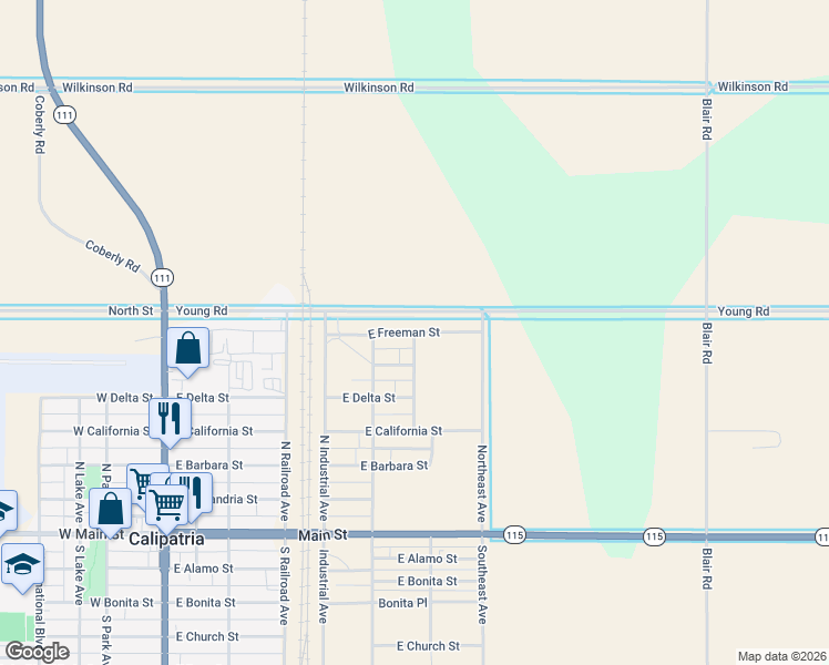 map of restaurants, bars, coffee shops, grocery stores, and more near East Freeman Street in Calipatria
