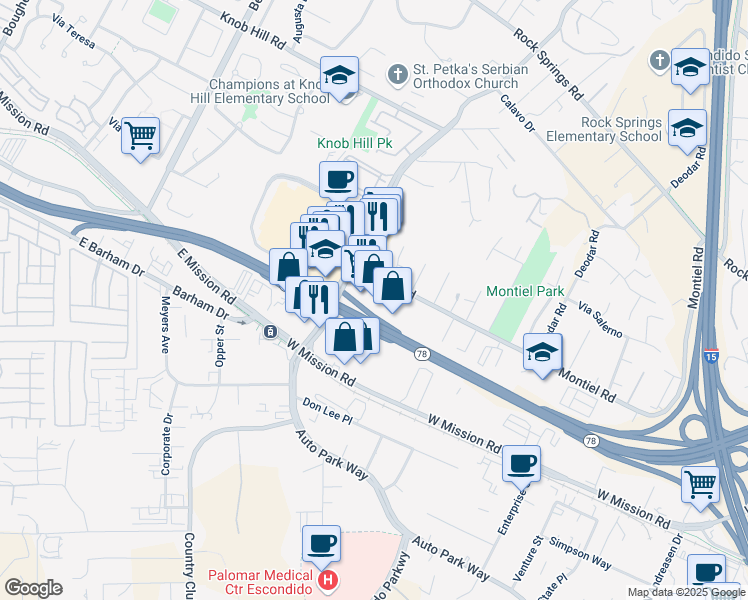 map of restaurants, bars, coffee shops, grocery stores, and more near 630 Nordahl Road in San Marcos