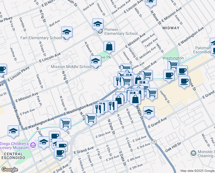 map of restaurants, bars, coffee shops, grocery stores, and more near 1090 East Washington Avenue in Escondido