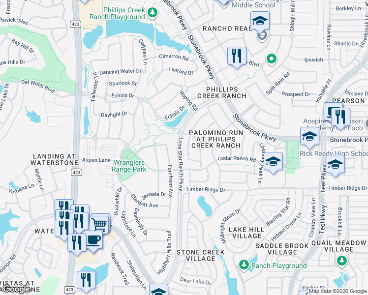 map of restaurants, bars, coffee shops, grocery stores, and more near 6316 Forefront Avenue in Frisco