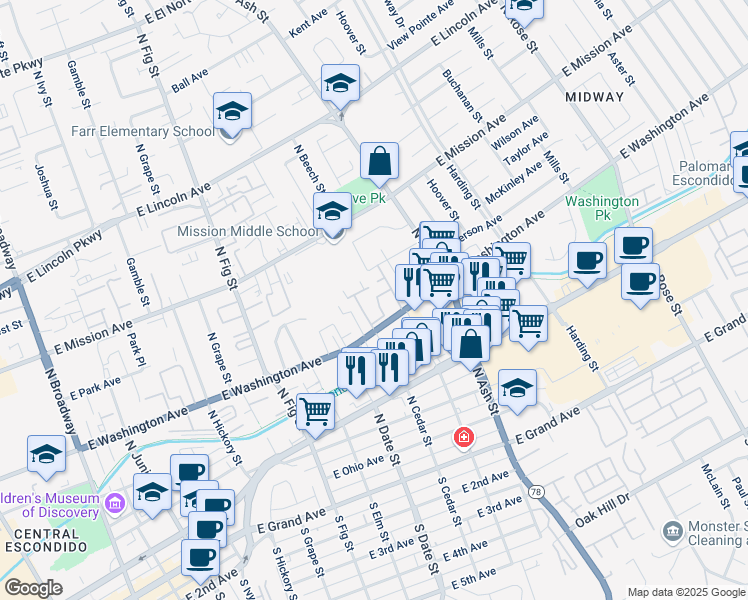 map of restaurants, bars, coffee shops, grocery stores, and more near 1040 East Washington Avenue in Escondido