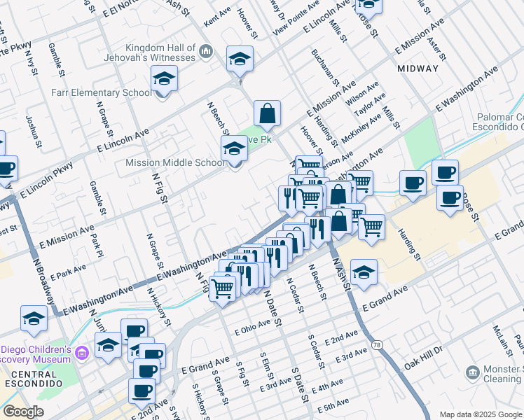 map of restaurants, bars, coffee shops, grocery stores, and more near 1060 East Washington Avenue in Escondido
