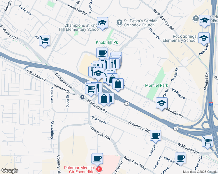 map of restaurants, bars, coffee shops, grocery stores, and more near 630 Nordahl Road in San Marcos