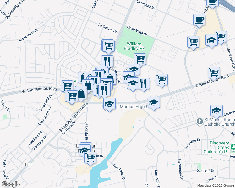map of restaurants, bars, coffee shops, grocery stores, and more near 1590 West San Marcos Boulevard in San Marcos