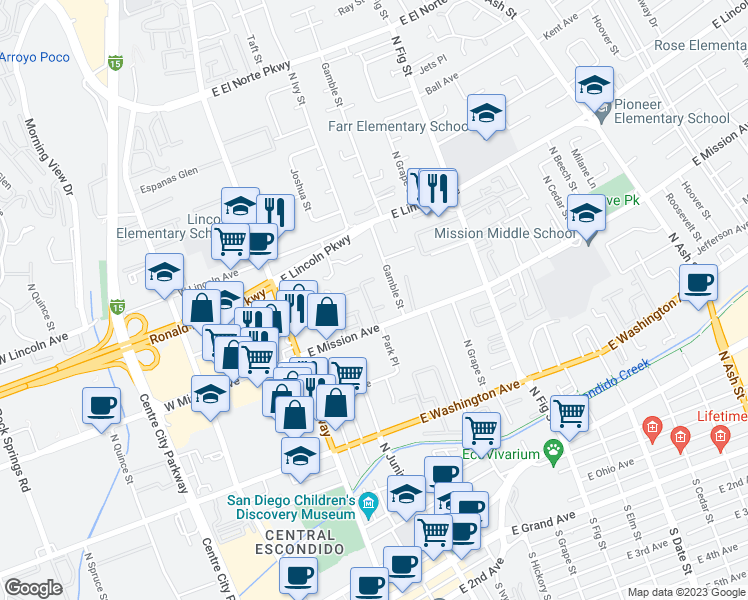 map of restaurants, bars, coffee shops, grocery stores, and more near 326 East Mission Avenue in Escondido