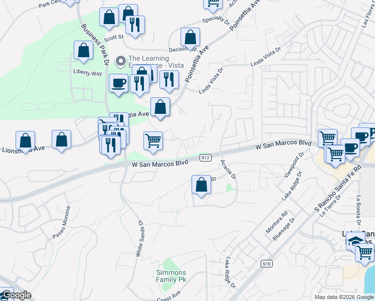 map of restaurants, bars, coffee shops, grocery stores, and more near 2100 Radiance Way in Vista