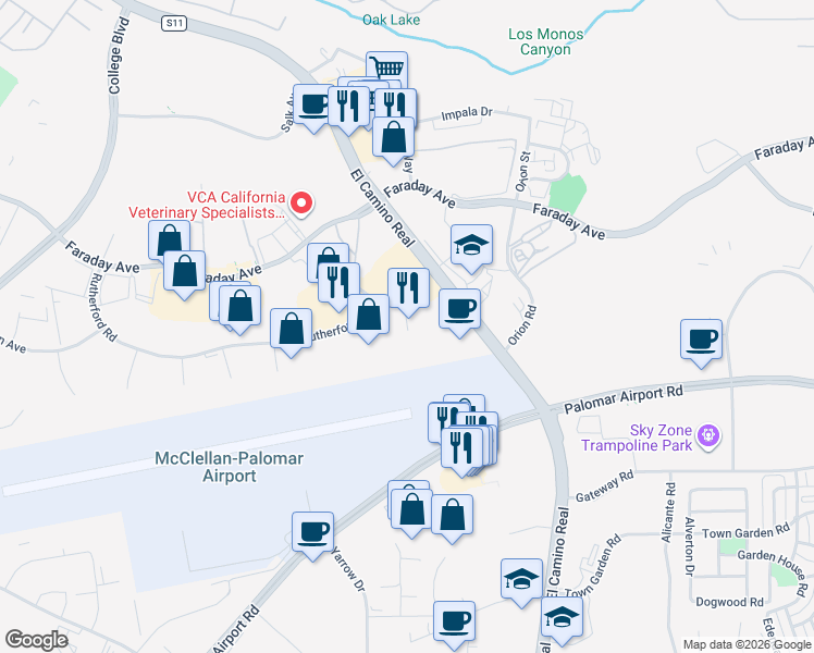 map of restaurants, bars, coffee shops, grocery stores, and more near 5964 La Place Court in Carlsbad