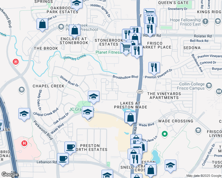 map of restaurants, bars, coffee shops, grocery stores, and more near 8655 Brookhollow Boulevard in Frisco