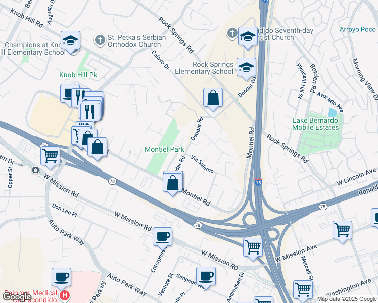 map of restaurants, bars, coffee shops, grocery stores, and more near 1598 Via Salerno in Escondido