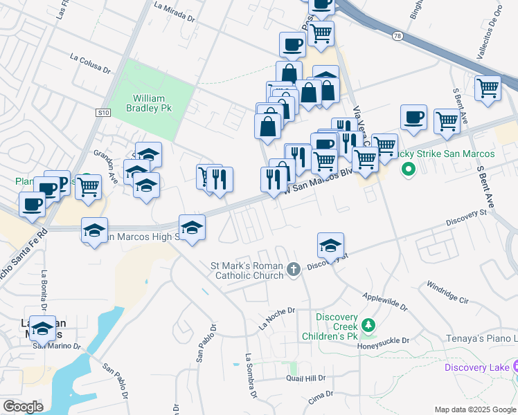 map of restaurants, bars, coffee shops, grocery stores, and more near 1235 West San Marcos Boulevard in San Marcos