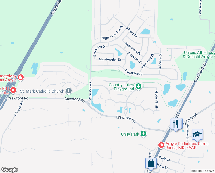 map of restaurants, bars, coffee shops, grocery stores, and more near 420 Meandering Creek Drive in Argyle