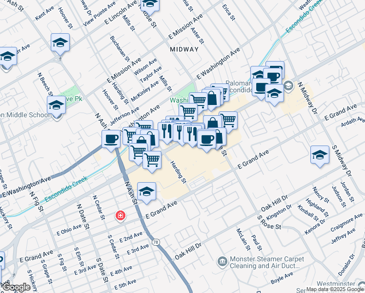 map of restaurants, bars, coffee shops, grocery stores, and more near 1485 East Valley Parkway in Escondido