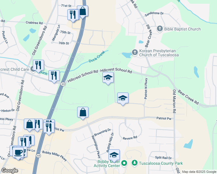 map of restaurants, bars, coffee shops, grocery stores, and more near 401 Hillcrest School Road in Tuscaloosa