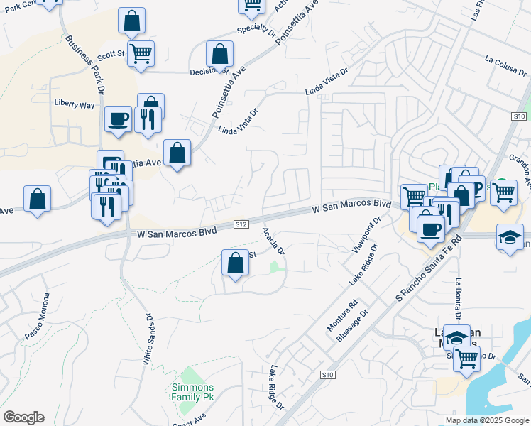 map of restaurants, bars, coffee shops, grocery stores, and more near 1562 West San Marcos Boulevard in San Marcos