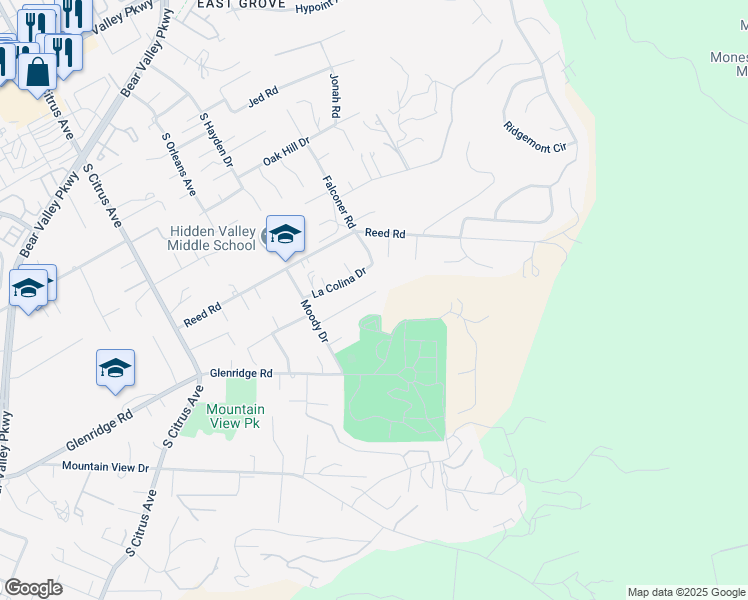 map of restaurants, bars, coffee shops, grocery stores, and more near 2735 Crownpoint Place in Escondido