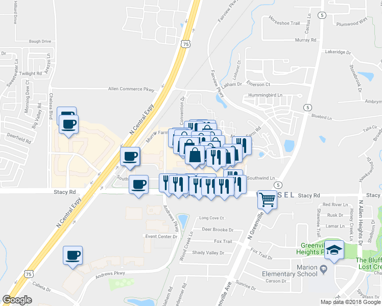 map of restaurants, bars, coffee shops, grocery stores, and more near 120 Fountain Court in Fairview
