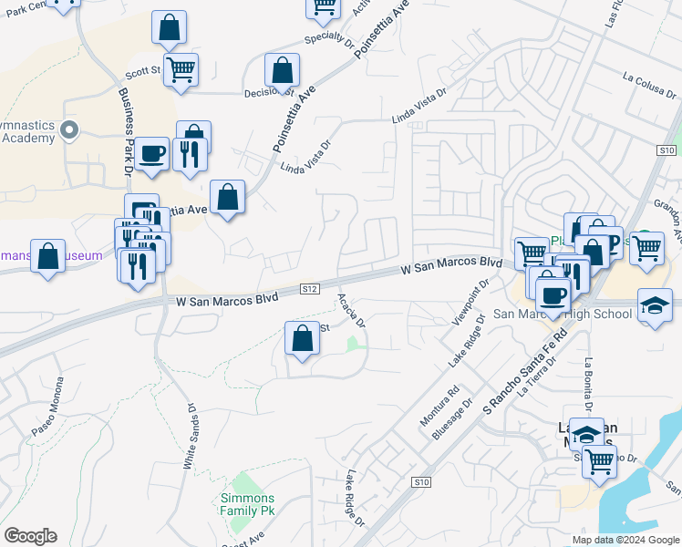 map of restaurants, bars, coffee shops, grocery stores, and more near 2010 West San Marcos Boulevard in San Marcos