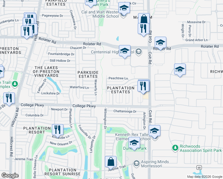 map of restaurants, bars, coffee shops, grocery stores, and more near 6500 White Oaks Lane in Frisco