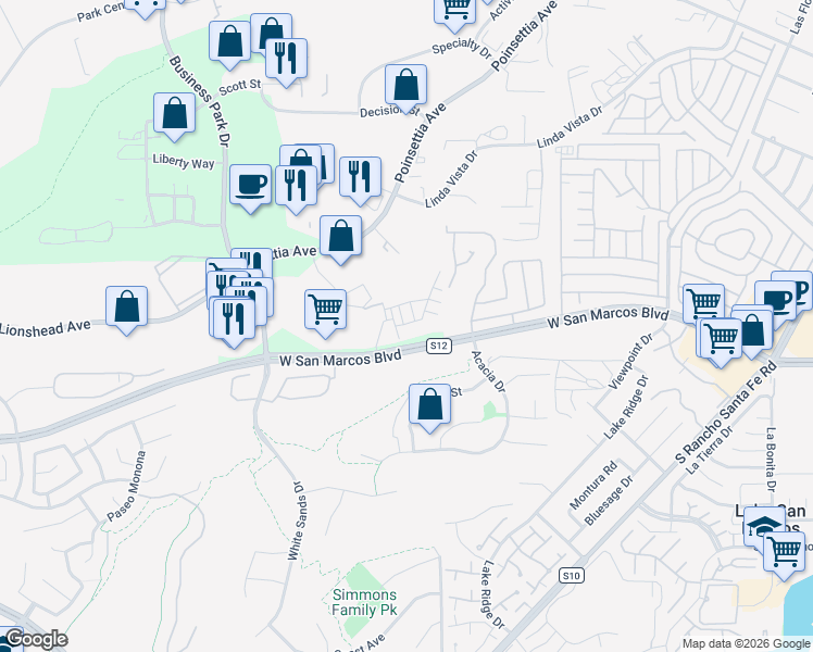 map of restaurants, bars, coffee shops, grocery stores, and more near 2115 Solara Lane in Vista