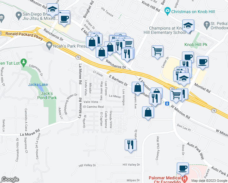 map of restaurants, bars, coffee shops, grocery stores, and more near 1219 East Barham Drive in San Marcos