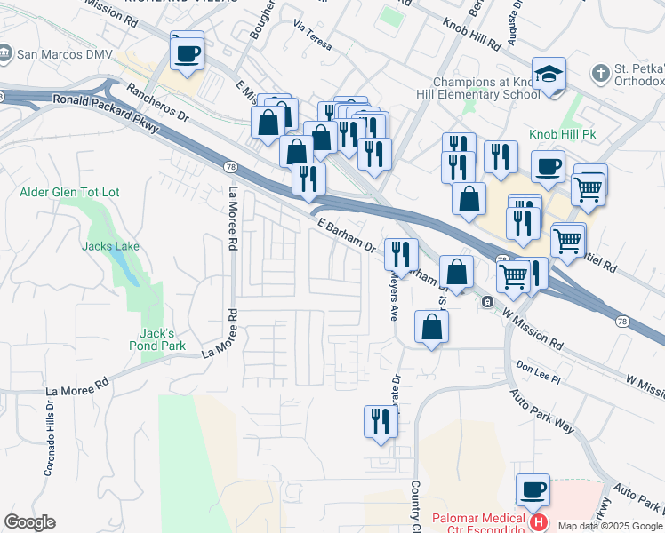 map of restaurants, bars, coffee shops, grocery stores, and more near 1219 East Barham Drive in San Marcos