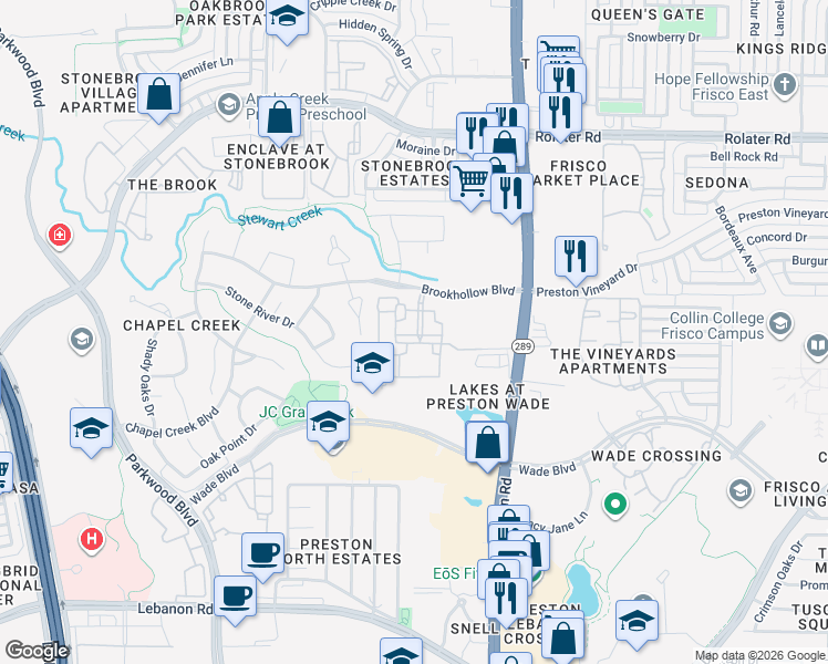 map of restaurants, bars, coffee shops, grocery stores, and more near 8655 Brookhollow Boulevard in Frisco