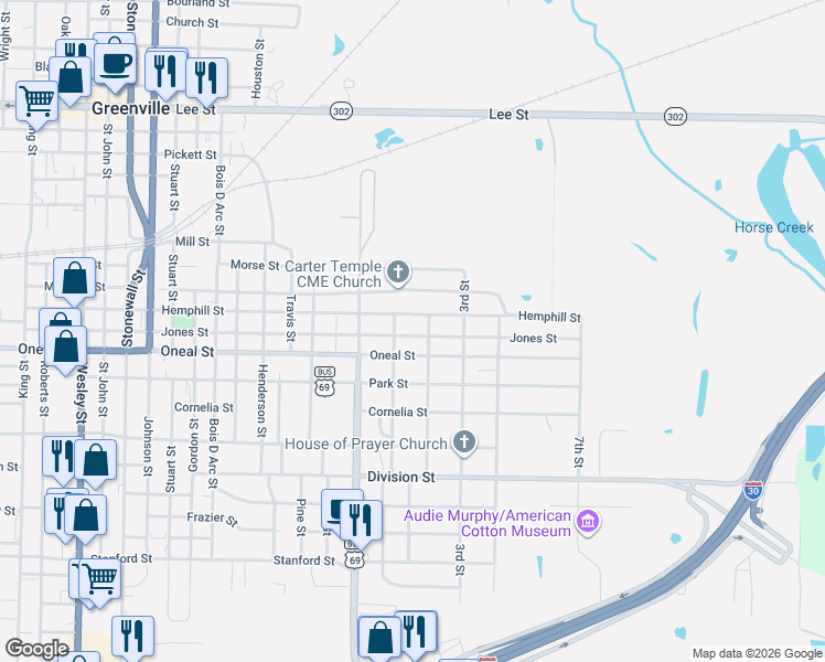 map of restaurants, bars, coffee shops, grocery stores, and more near 1310 Oneal Street in Greenville