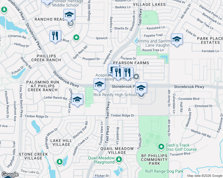 map of restaurants, bars, coffee shops, grocery stores, and more near 2527 Berry Brook Lane in Frisco