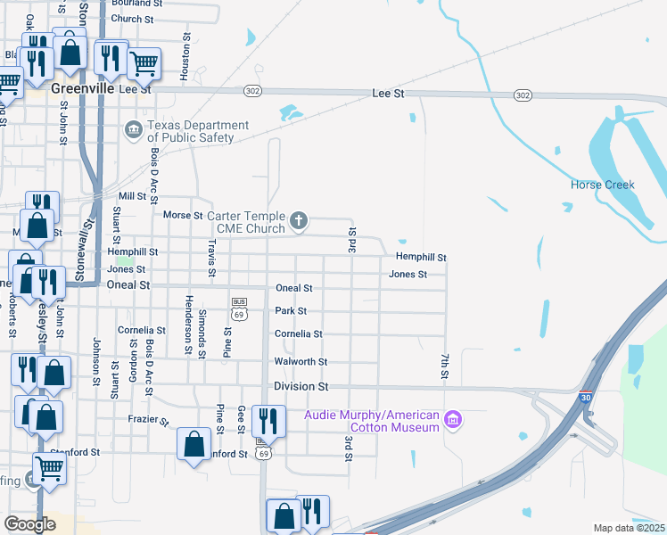 map of restaurants, bars, coffee shops, grocery stores, and more near 1222 Jones Street in Greenville