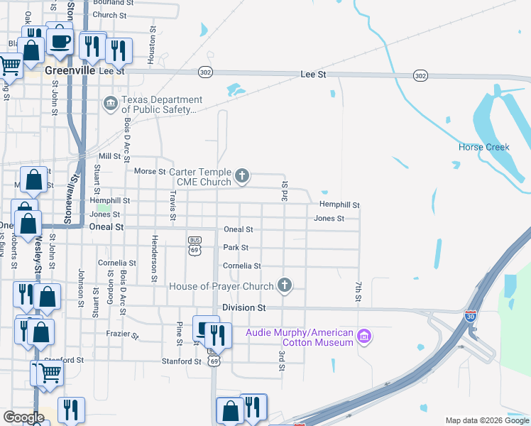 map of restaurants, bars, coffee shops, grocery stores, and more near 1310 Oneal Street in Greenville