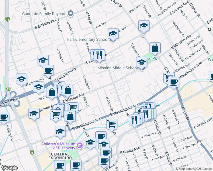 map of restaurants, bars, coffee shops, grocery stores, and more near 611 East Mission Avenue in Escondido