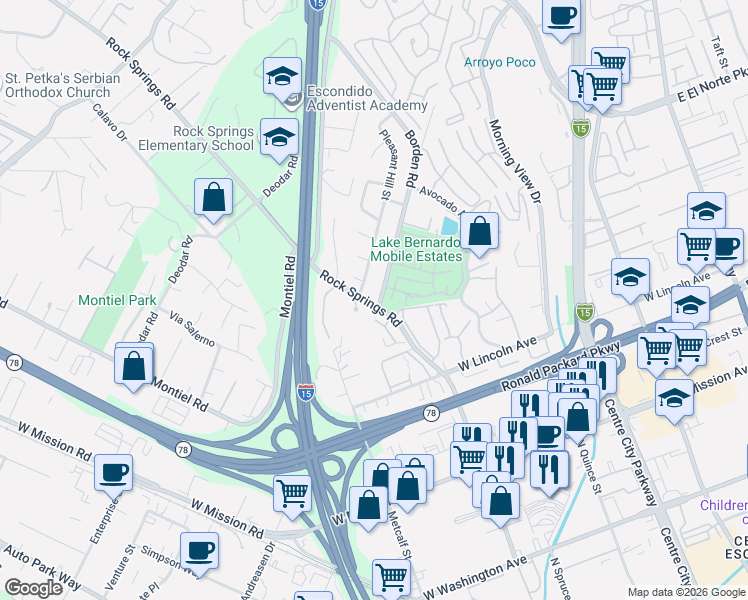 map of restaurants, bars, coffee shops, grocery stores, and more near 1070 Crystal Springs Place in Escondido