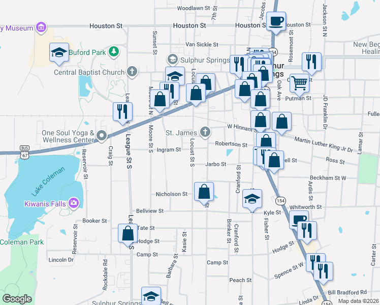 map of restaurants, bars, coffee shops, grocery stores, and more near 319 Locust Street South in Sulphur Springs