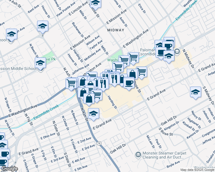 map of restaurants, bars, coffee shops, grocery stores, and more near 1333 East Valley Parkway in Escondido