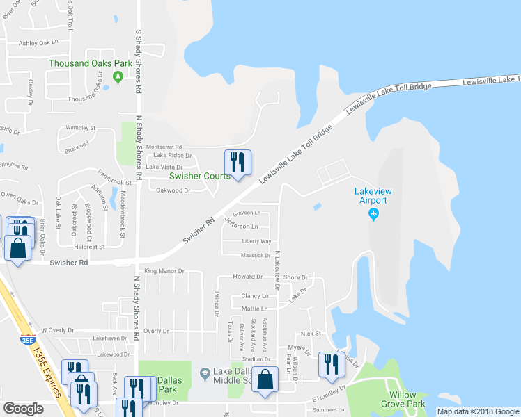 map of restaurants, bars, coffee shops, grocery stores, and more near 511 Grayson Lane in Lake Dallas