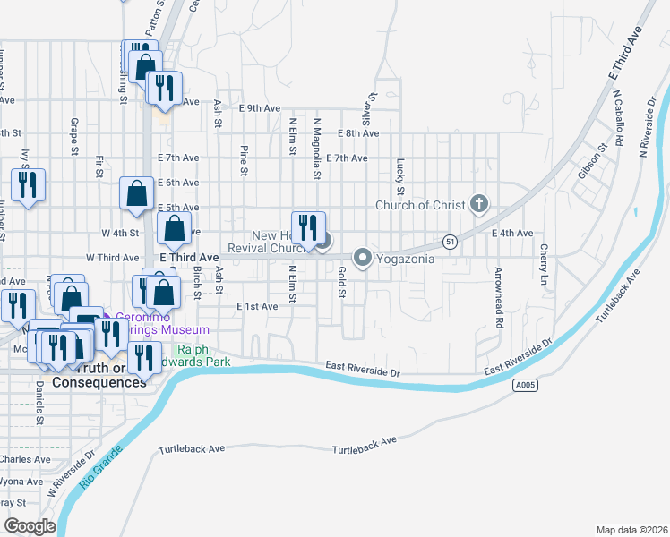 map of restaurants, bars, coffee shops, grocery stores, and more near 917 East 2nd Avenue in Truth or Consequences