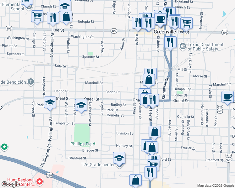 map of restaurants, bars, coffee shops, grocery stores, and more near 3214 Oneal Street in Greenville